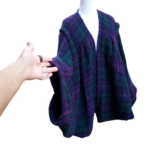 Boyne Valley Weavers Purple Green Wool Poncho Cape Irish Ireland One Size - Picture 2 of 13